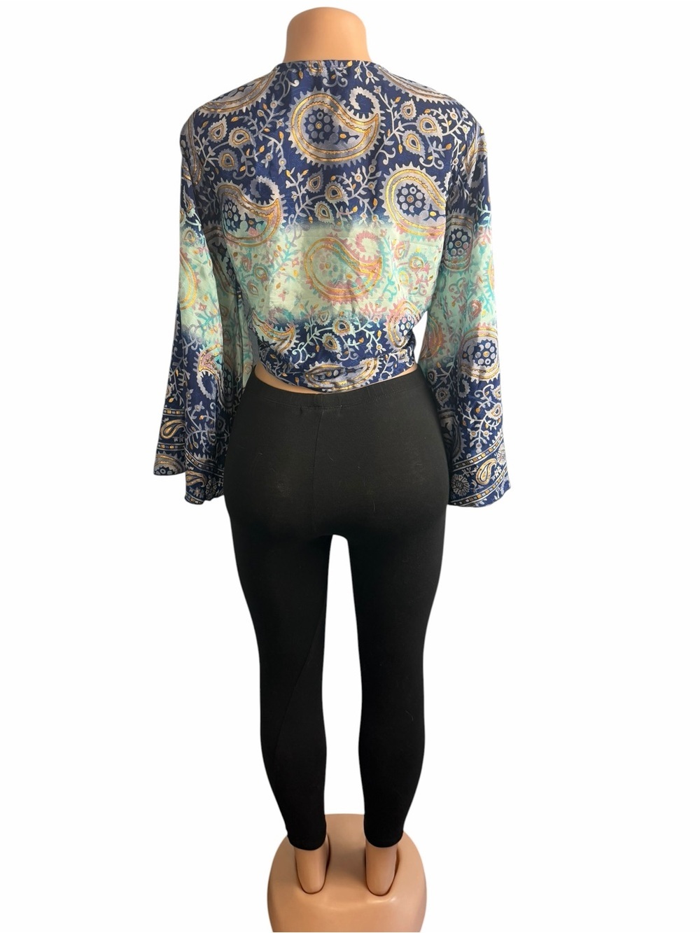 Tie Front Paisley Print Silk Blend Crop Top Blue Multi Belle Sleeves - Picture 8 of 10
